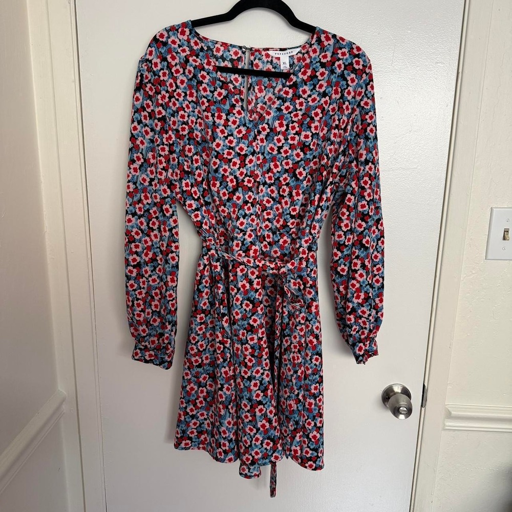 Pop Sugar Red, Blue, Pink Floral L/S Tie Waist Dress-XL-NWT